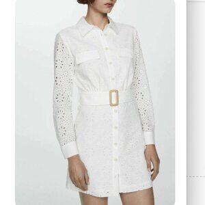 NTW MANGO LONG SLEEVE WHITE COTTON EYELET SHIRTDRESS, SIZE L